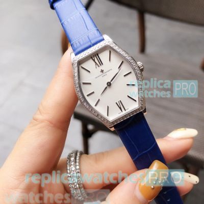 Swiss Grade Vacheron Constantin Watch Blue Leather Strap Diamond Bezel